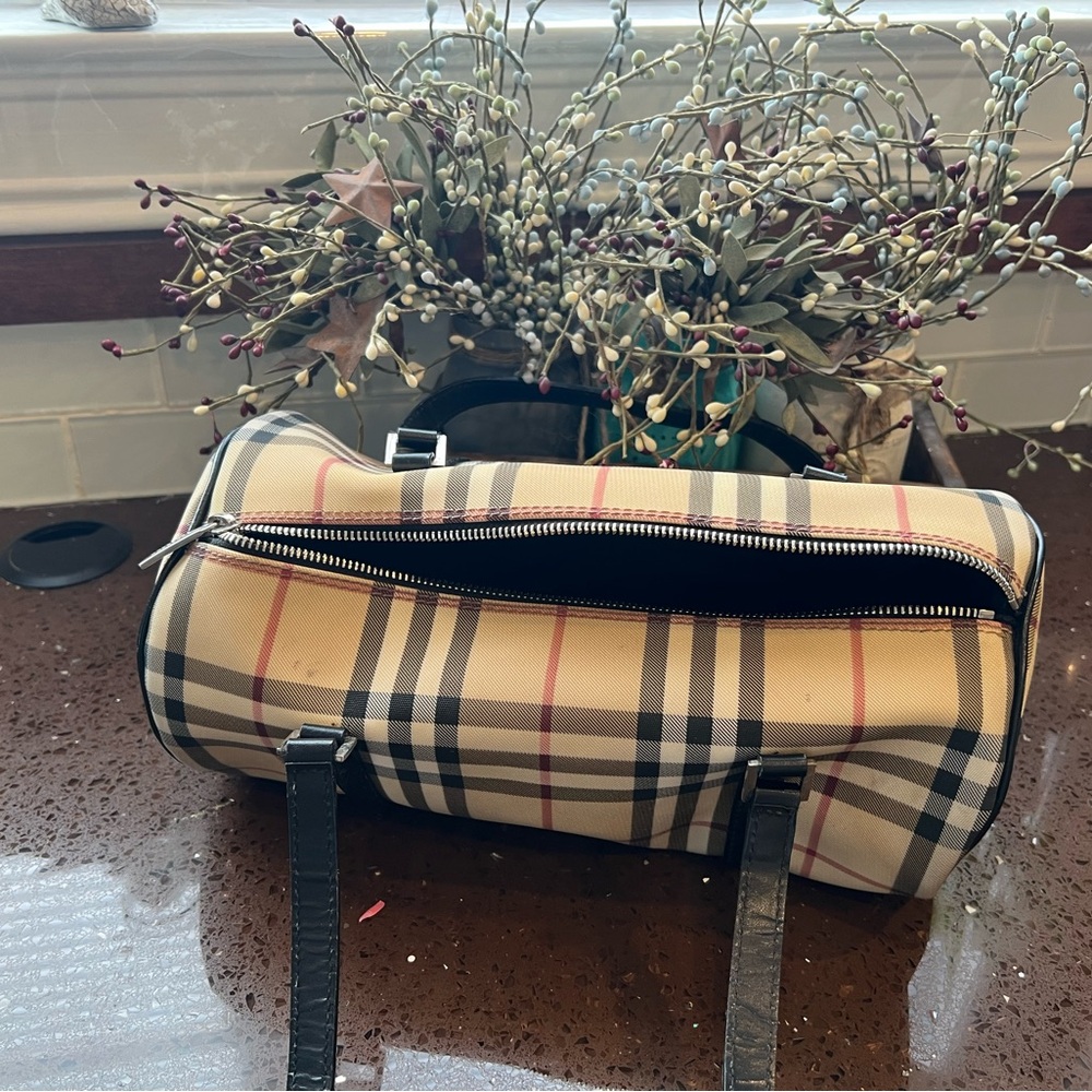 Burberry Beige Plaid Barrel Bag with Black Handles
